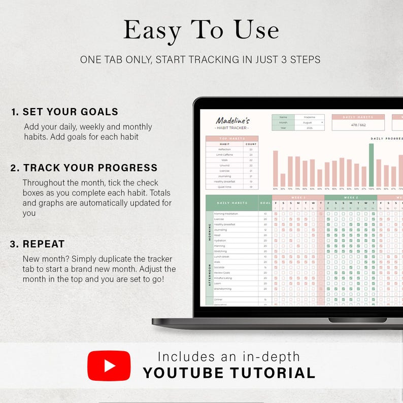 May include: A laptop screen displays a habit tracker with pink and green charts and check boxes. The text reads "Easy To Use" and "Includes an in-depth YOUTUBE TUTORIAL". Instructions are listed to set goals, track progress, and repeat.