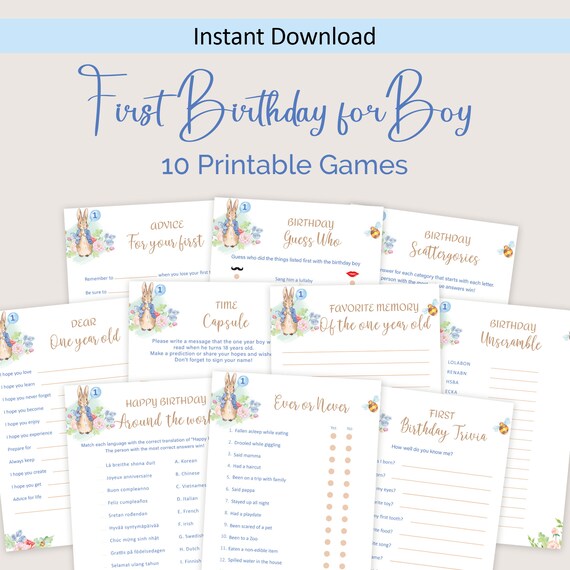 Peter Rabbit First Birthday Games Flopsy Bunny 1st Birthday Game Boy First Birthday Party Trivia Quiz Activities Blue PRINTABLE Digital P05
