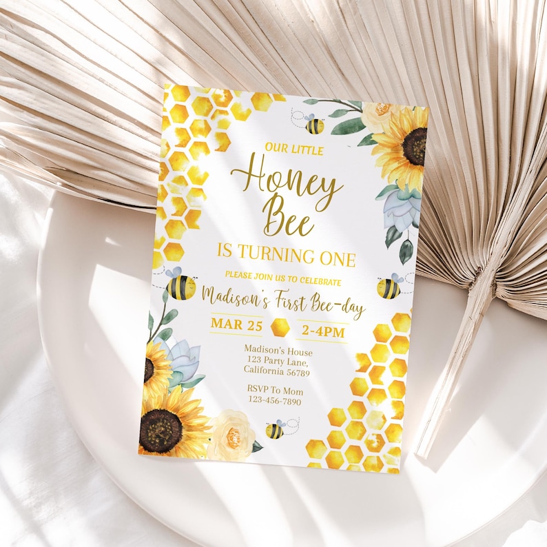 Bee Birthday Invitation Bee Day Invitation Honey Bee Birthday Party Invite Girl Sunflower Bee Invite EDITABLE Instant Digital Download B03 image 1