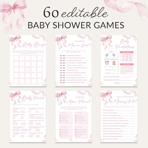 May include: A set of 60 editable baby shower games with a pink and white theme. The games include Baby Bingo, Baby Predictions, Baby Trivia, and more. Each game card features a pink bow and ribbon design.