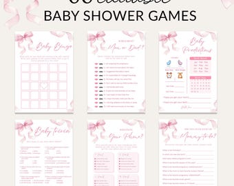 Lot de jeux de baby shower avec noeud rose, ruban rose, activité de fête, coquette de prédiction de bébé, anecdotes, tirage au sort de couches de style noeud, bébé fille modifiable BS10