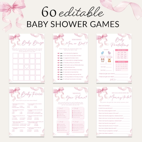 Pink Bow Baby Shower Games Bundle Pink Ribbon Party Activity Coquette Baby Prediction Trivia Bow Style Diaper Raffle Baby Girl EDITABLE BS10
