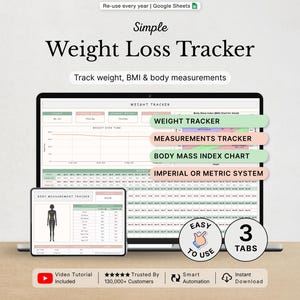 Puede incluir: Una hoja de cálculo digital de seguimiento de pérdida de peso para Google Sheets mostrada en una pantalla de portátil y tableta. La interfaz incluye un rastreador de peso, medidas, gráfico de IMC y sistemas imperial o métrico.