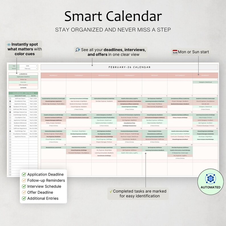 May include: A Smart Calendar with the text "Smart Calendar" and "Stay Organized and Never Miss a Step". The calendar shows the month of February with color-coded entries and the text "See all your deadlines, interviews, and offers in one clear view".