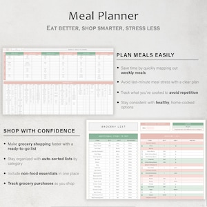 May include: A meal planner with the text "Meal Planner" at the top. The planner includes sections for weekly meal planning, a grocery list, and a budget. The text "Eat Better, Shop Smarter, Stress Less" is also included.