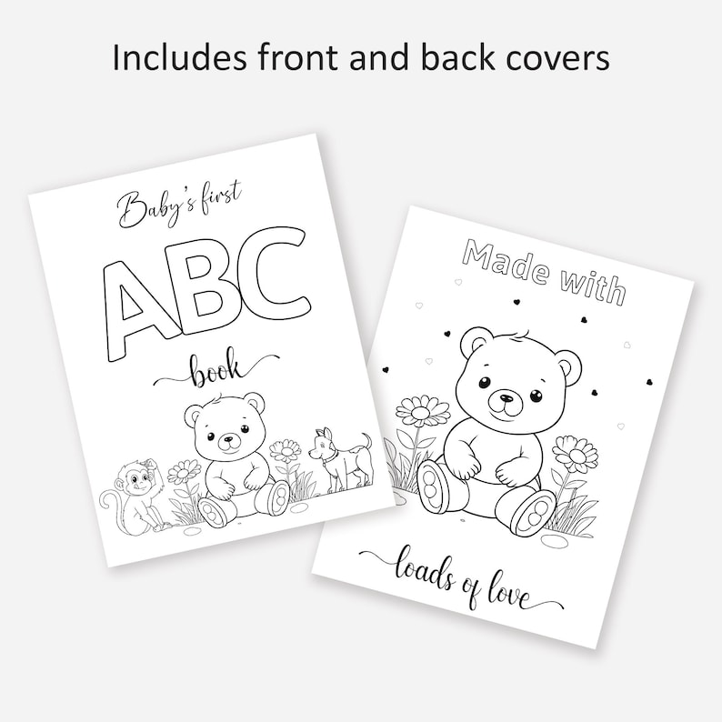 Op de afbeelding: Zwart-witte kleurboekomslag met de tekst "Baby's first ABC book" met een beer en andere dieren. De achterkant toont een beer en de tekst "Made with loads of love."