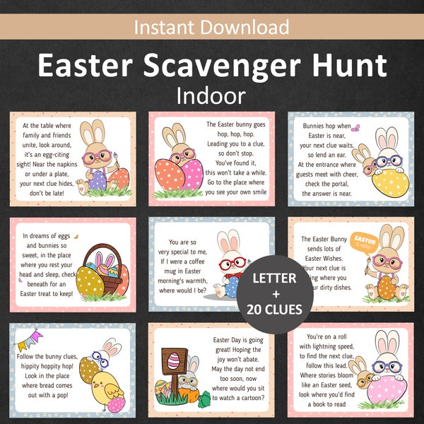 Easter Treasure Hunt for Kids Easter Scavenger Hunt Indoor Easter Egg Hunt Clues Easter Bunny Riddle Hunt Teen Easter Basket PRINTABLE