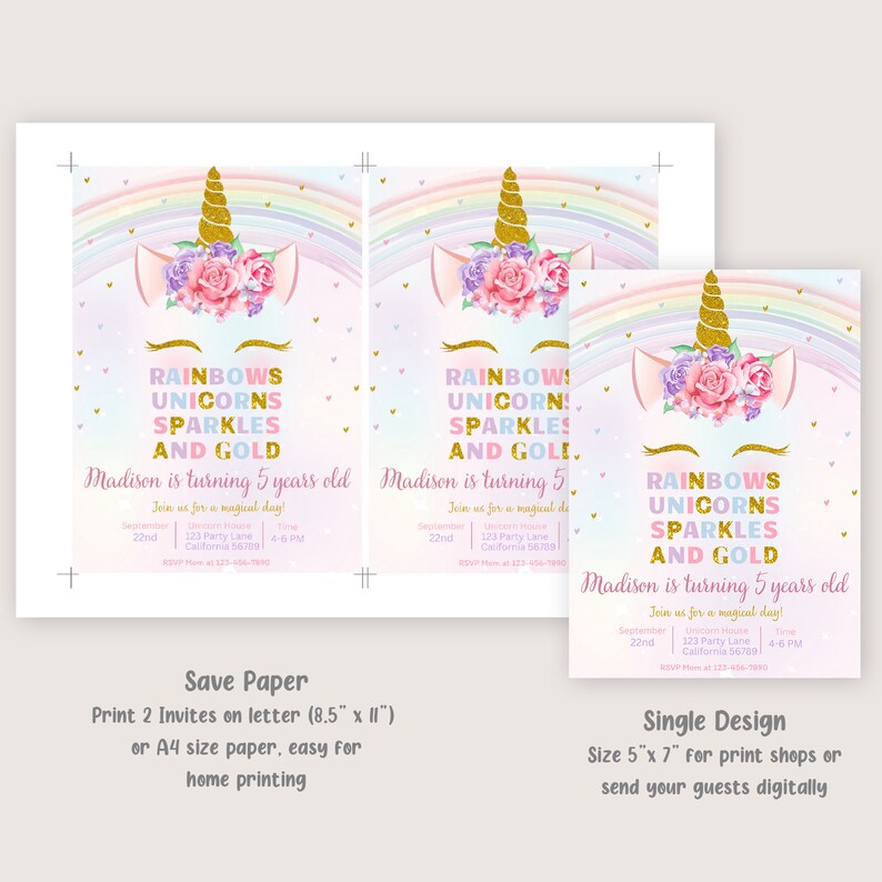 Unicorn Rainbow Birthday Invitation Unicorns Rainbows Sparkles and Gold ...