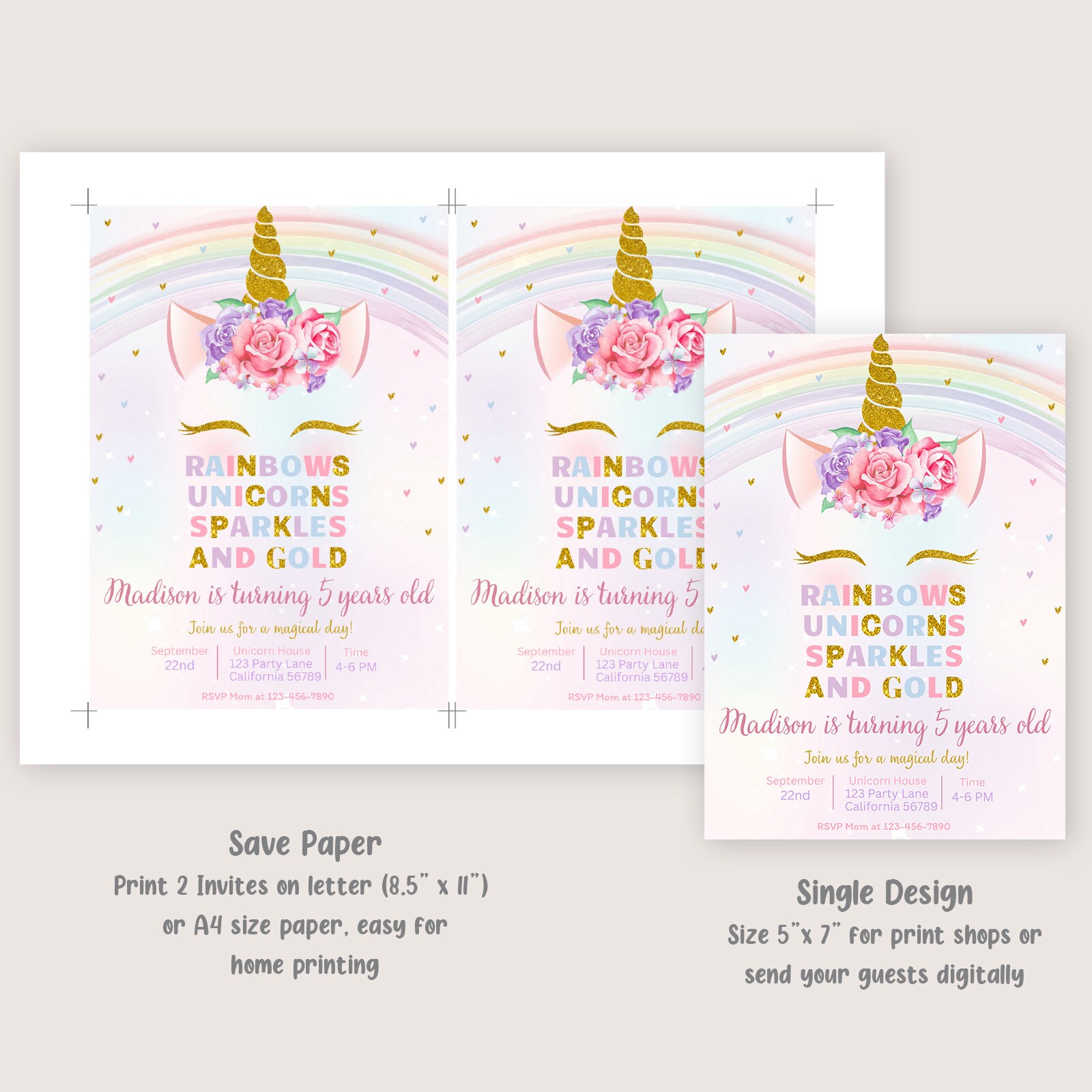 Unicorn Rainbow Birthday Invitation Unicorns Rainbows Sparkles and Gold ...