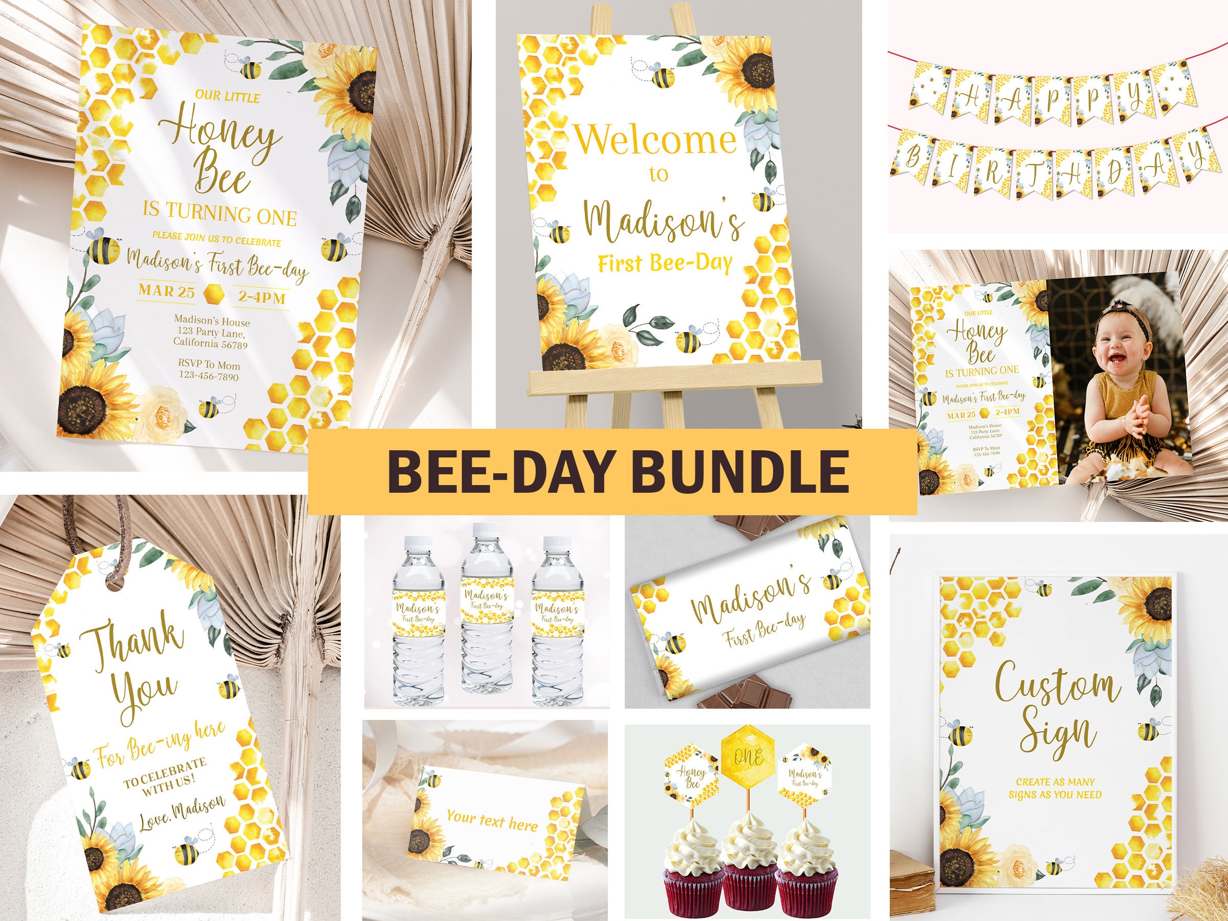 Bee Birthday Invitation Bundle Bee Day Party Decorations Bee Birthday Party Theme Bee Party Kit Pack Printables EDITABLE