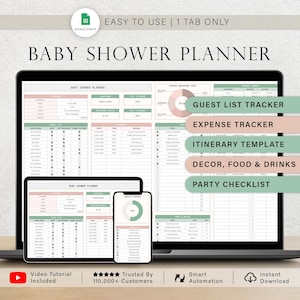May include: A laptop, tablet, and smartphone displaying a baby shower planner spreadsheet. The screen shows a spreadsheet with sections for guest lists, expenses, and itineraries. Text includes "Baby Shower Planner", "Guest List Tracker", and "Party Checklist".