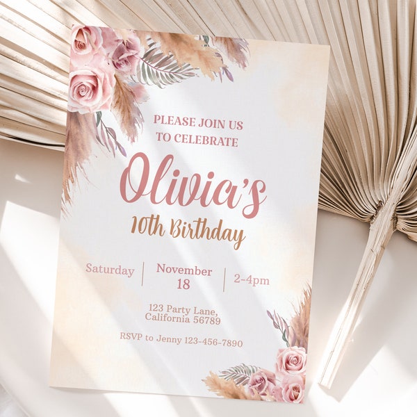 Pampas Grass Birthday Invitation Boho Pink Pampas Grass Birthday Party Invite Bohemian Party Invite EDITABLE ANY AGE Instant Download P04