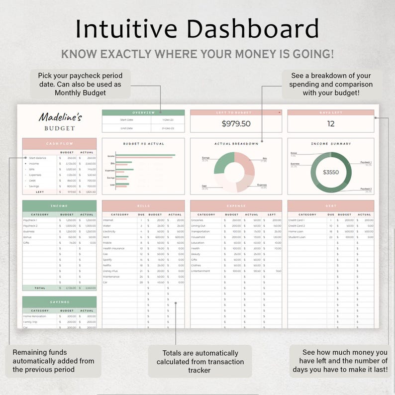 May include: A digital financial dashboard with the title "Intuitive Dashboard" and the text "Know Exactly Where Your Money Is Going!" The dashboard includes sections for cash flow, income, expenses, and savings, with charts and tables for tracking finances.