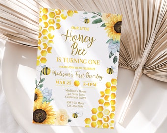 Invitation d'anniversaire d'abeille Invitation de jour d'abeille Honey Bee Birthday Party Invite Girl Sunflower Bee Invite EDITABLE Instant Digital Download B03