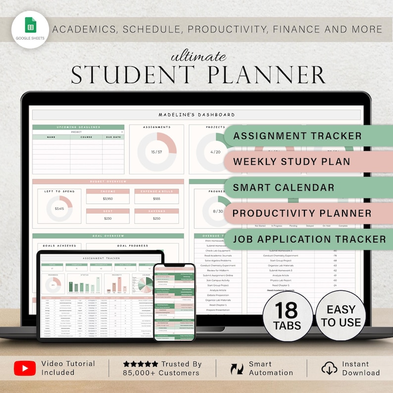 K&ouml;nnte beinhalten: Ein digitaler Studentenplaner, der auf einem Laptop, Tablet und Telefon angezeigt wird. Der Planer enth&auml;lt Abschnitte f&uuml;r Aufgaben, Wochenpl&auml;ne und Produktivit&auml;t. Das Farbschema ist Wei&szlig;, Gr&uuml;n und Rosa. Der Text enth&auml;lt "Student Planner" und "Easy to Use."