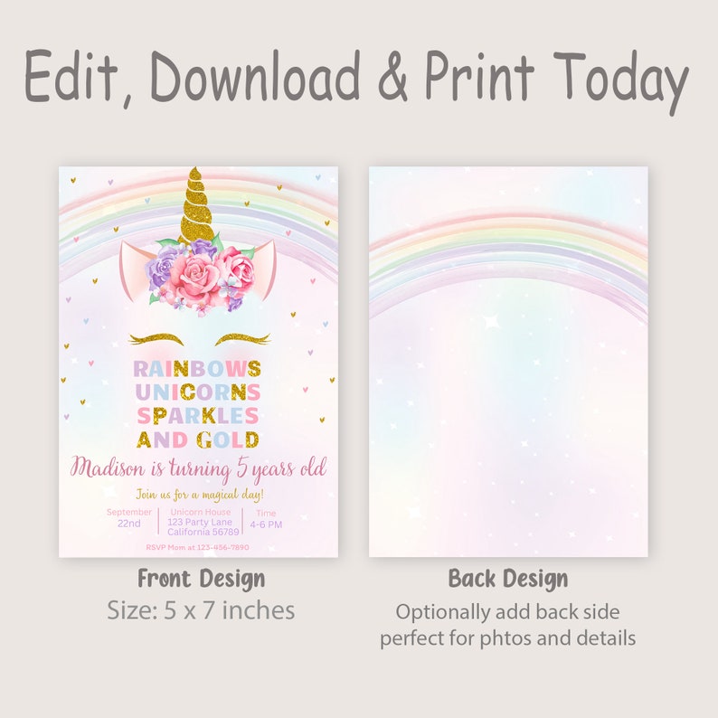 Unicorn Rainbow Birthday Invitation Unicorns Rainbows Sparkles and Gold ...