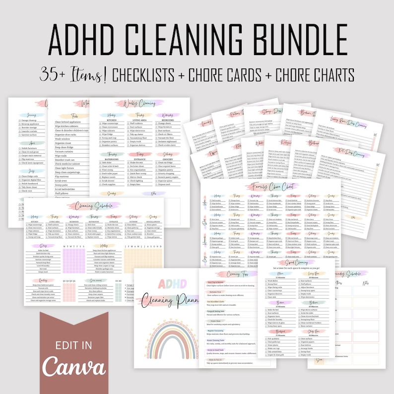 May include: ADHD Cleaning Bundle with checklists, chore cards, and chore charts. The bundle includes over 35 items. The text "ADHD Cleaning Bundle" is at the top of the image. The image also includes the text "Edit in Canva".