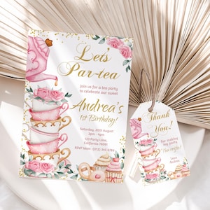 Tee-Party-Einladung Tee-Party-Einladung Geburtstags-Einladung Mädchen Pink Gold Garten Tee-Party einladen EDITIERBAR Instant Download T01