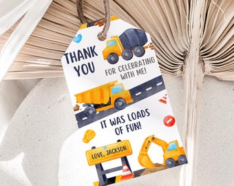 Editable Construction Favor Tag Dump Truck Thank You Tag Construction Vehicle Gift Tags Boy Excavator Birthday Party Instant Download C01