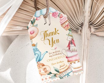 Alice in Wonderland Favor Tag Template, Editable Onederland Thank You Tags, Girl 1st Birthday First Tea Party Gift Tag, Instant Download A01