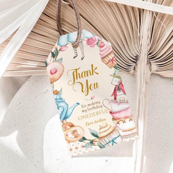 Alice in Wonderland Favor Tag Template, Editable Onederland Thank You Tags, Girl 1st Birthday First Tea Party Gift Tag, Instant Download A01
