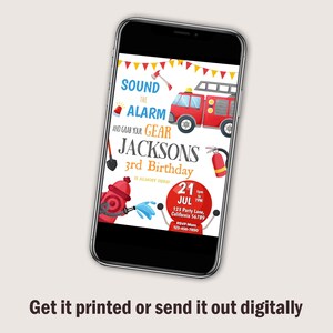 May include: A red and white fire truck with a ladder and a red fire hydrant with a blue water stream. The text on the invitation reads "Sound the Alarm and Grab Your Gear Jacksons 3rd Birthday Almost Here 21 Jul 5pm to 7pm 123 Party Lane, California 56789 RSVP Mom 123-456-7890".