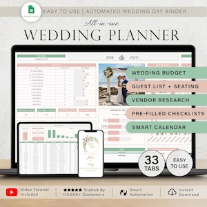 May include: A digital wedding planner displayed on a laptop, tablet, and smartphone. The interface includes a wedding photo and planning tools. Text includes "Wedding Planner," "Wedding Budget," and "Guest List + Seating."