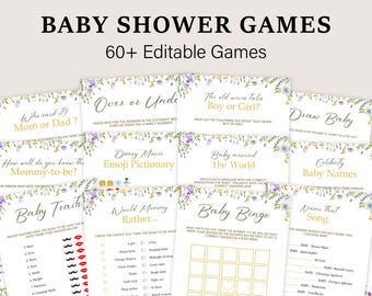 Wildflower Baby Shower Games Bundle Floral Baby Shower Party Activity Wildflower Baby Prediction Trivia Boho Diaper Raffle EDITABLE WA5