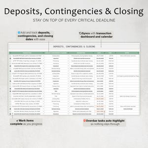 May include: A digital interface displaying a real estate transaction management system. The screen shows a table with columns for transaction details, deposit/contingency/closing information, dates, and notes. The interface includes text that says "Deposits, Contingencies & Closing."