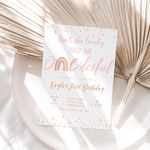 Onederful Invitation Rainbow 1st Birthday Invitation Girl Boho First Birthday Invite Pink Gold EDITABLE Instant Download Digital O01