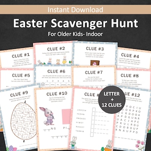 May include: A printable Easter scavenger hunt for older kids with 12 clues. The clues are on pink and blue cards with bunny illustrations. The clues involve solving a maze, cracking a code, and solving a picture puzzle.