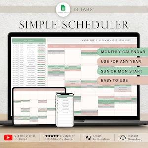 Könnte beinhalten: Ein digitaler einfacher Planer, der auf einem Laptop, Tablet und Smartphone angezeigt wird. Der Planer verfügt über ein monatliches Kalenderlayout mit grünen und rosa Akzenten. Der Text enthält "Monatskalender", "Für jedes Jahr verwenden" und "Einfach zu bedienen".