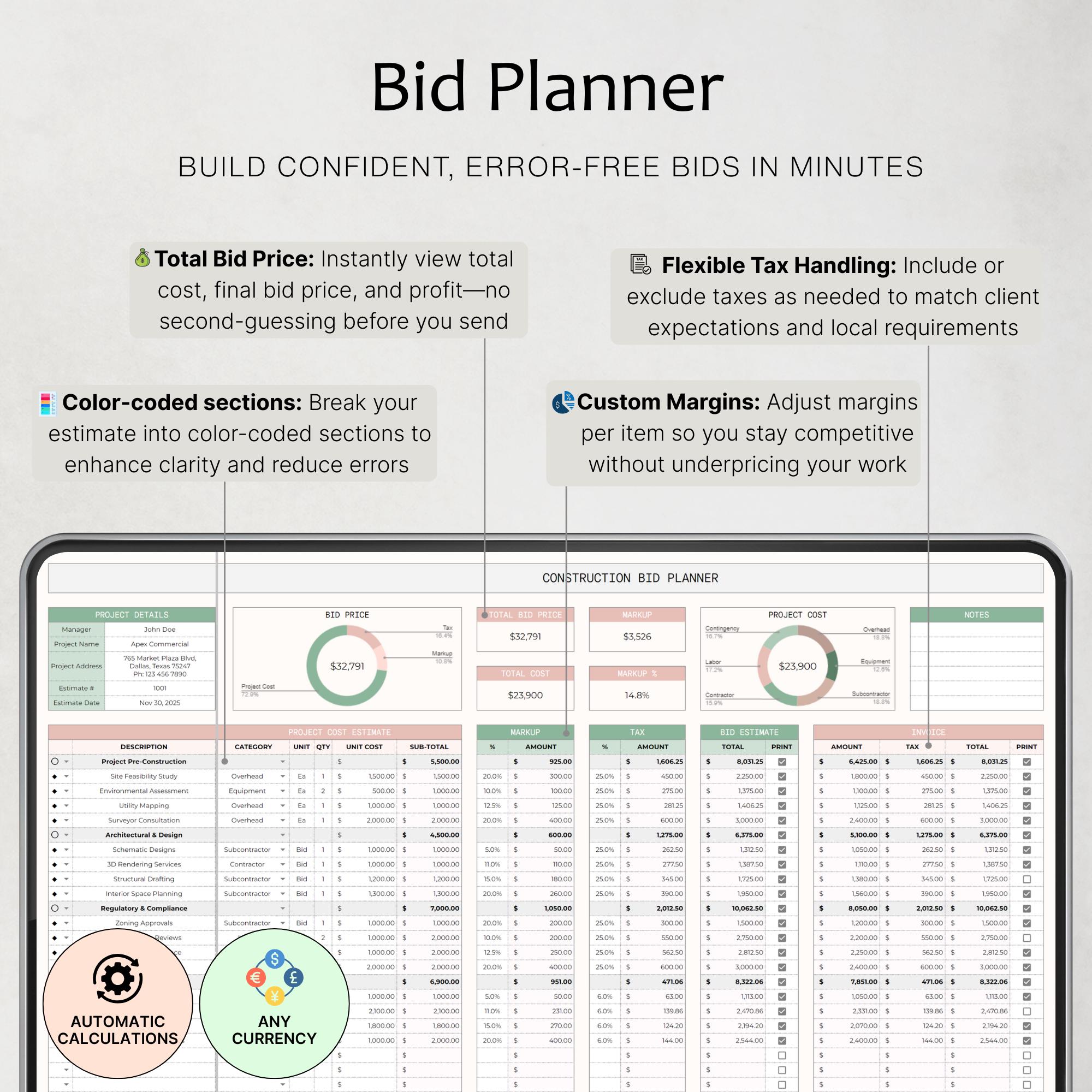 Construction Bid Planner Estimate Template Bidding Template Building ...