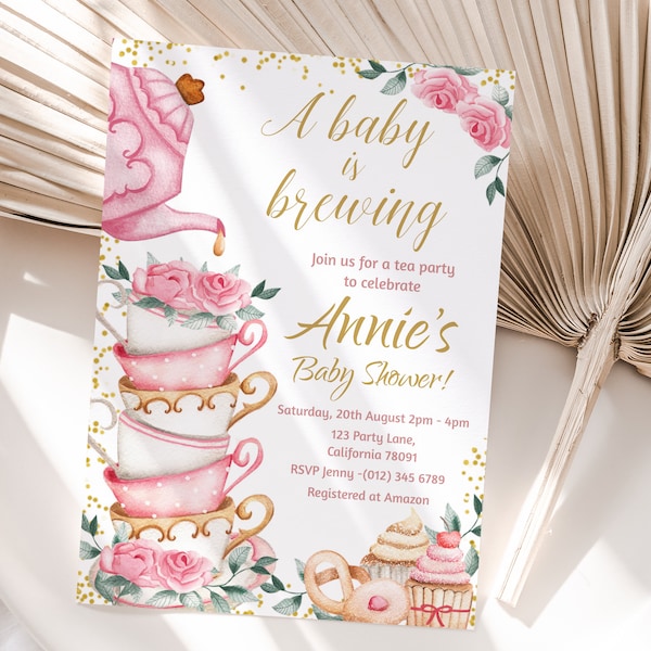 Tea Party Baby Shower Invitation A Baby is Brewing Invite Girl Baby Shower Pink Gold High Tea Shower EDITABLE Instant Digital Download TB1