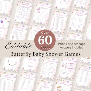 Vlinder Babyshower Spelletjes Paarse vlinder Babyshowerbundel Roze vlinder Voorspellingskaart Een kleine vlinder Luierloterij BEWERKBAAR