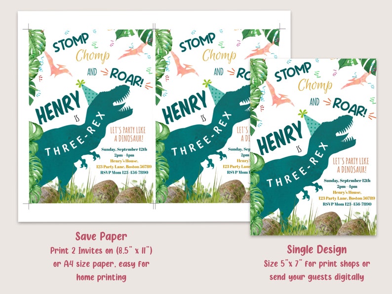 Dinosaur Birthday Invitation Template Editable Wild T-Rex Party Invite Boy 3rd Birthday Party Three-rex Green Dino Safari Roar Instant D02 image 3