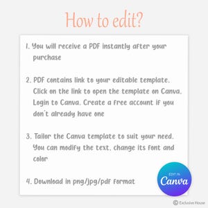Pu&ograve; includere: Una grafica informativa bianca con il titolo color pesca How to edit? seguita da quattro passaggi numerati che spiegano il processo di ricezione di un PDF, l'accesso a un modello Canva, la personalizzazione del design e il download del file.