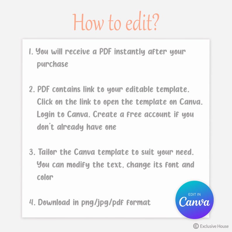 Pu&ograve; includere: Una grafica informativa bianca con il titolo color pesca How to edit? seguita da quattro passaggi numerati che spiegano il processo di ricezione di un PDF, l'accesso a un modello Canva, la personalizzazione del design e il download del file.