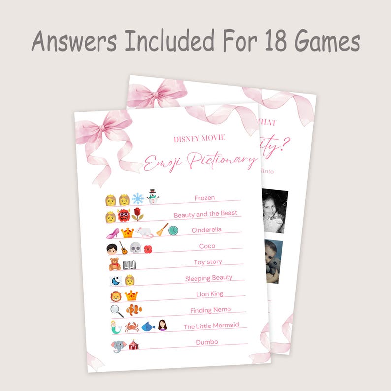 May include: Two white sheets of paper with pink ribbon accents. The text "Answers Included For 18 Games" is at the top. The sheets contain a "Disney Movie Emoji Pictionary" game with movie titles and emoji clues.