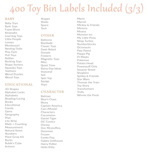 May include: A list of 400 toy bin labels, including categories like Baby, Educational, Other, and Character. The text is in a soft, peachy-pink font against a white background. The labels cover a wide range of toy types and popular characters.