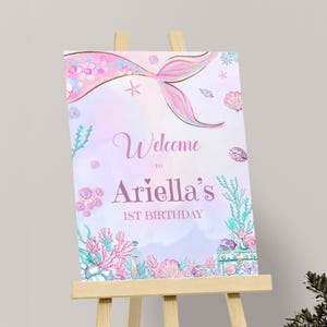 Plantilla editable de letrero de bienvenida de sirena bajo el mar, letrero de fiesta de cumpleaños para niñas, tablero de bienvenida mágico rosa y morado, imprimible al instante M02