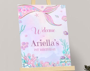 Editable Mermaid Welcome Sign Template Under the Sea Girls Birthday Party Sign Pink Purple Magical Welcome Board Printable Instant M02