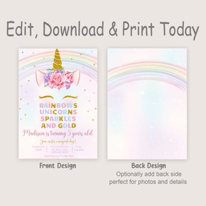 Unicorn Rainbow Birthday Invitation Unicorns Rainbows Sparkles and Gold ...