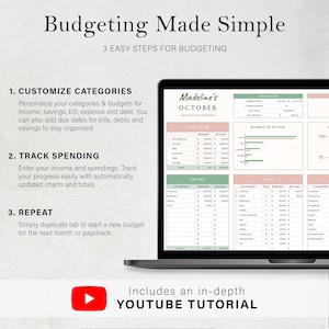 May include: A laptop screen displaying a budgeting spreadsheet with the title "Madeline's October Budget Dashboard". The spreadsheet includes categories for income, bills, and savings. The image also includes text that says "Budgeting Made Simple" and "3 Easy Steps for Budgeting".