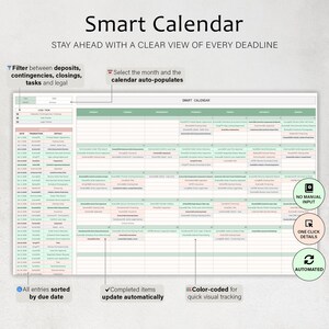 May include: A digital Smart Calendar with the text "Smart Calendar" and "Stay ahead with a clear view of every deadline." Features include filtering, auto-population, and color-coding. Entries are sorted by due date, with automated updates.