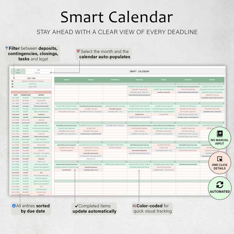 May include: A digital Smart Calendar with the text "Smart Calendar" and "Stay ahead with a clear view of every deadline." Features include filtering, auto-population, and color-coding. Entries are sorted by due date, with automated updates.