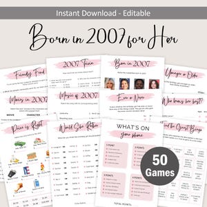 18th Birthday Games for Women 18th Birthday Party Games for Her Born in 2007 Game 2007 Trivia Quiz Activity Bundle Instant Digital EDITABLE