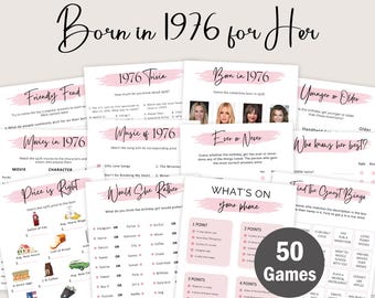 Juegos para celebrar el 50 cumpleaños de una mujer. Juegos para fiestas de cumpleaños para mujeres nacidas en 1976. Juego de preguntas y respuestas sobre 1976. Paquete de actividades digitales editables.