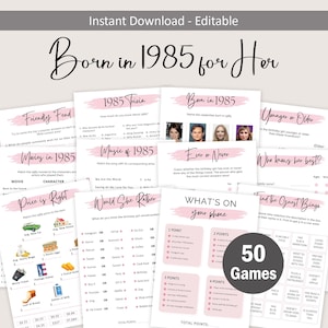 40th Birthday Games for Women 40th Birthday Party Games for Her Born in 1985 Game 1985 Trivia Quiz Activity Bundle Instant Digital EDITABLE