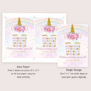 Unicorn Rainbow Birthday Invitation Unicorns Rainbows Sparkles and Gold Invitation Girl Party Invite Pastel EDITABLE Instant Digital U01 image 3